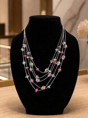 Multi-Strand Pink and Iridescent Bead Necklace - Women Jewelry